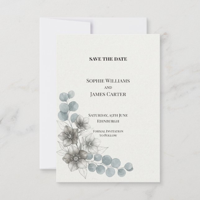 Grey Blue Anemone Eucalyptus Wedding Save The Date (Front)
