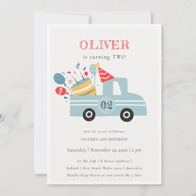 Grey Blue Any Age Birthday Party Cake Truck Invitation (Front)