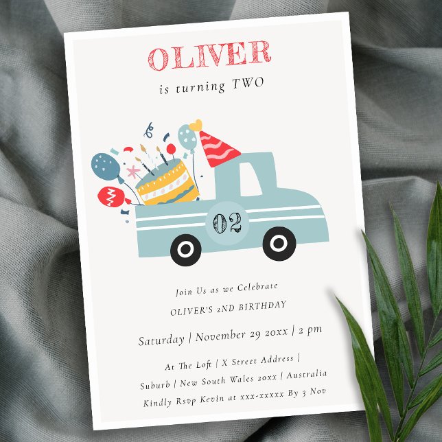 Grey Blue Any Age Birthday Party Cake Truck Invite (Creator Uploaded)