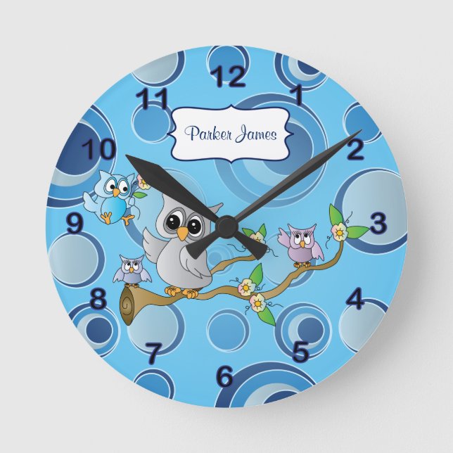 Grey & Blue Baby Owl | Nursery Theme Round Clock (Front)