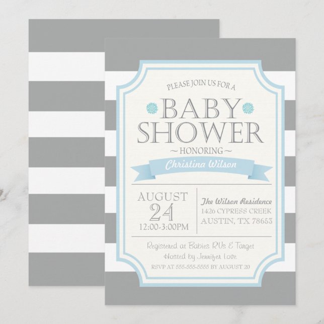 Grey & Blue Baby Shower Invitation (Front/Back)