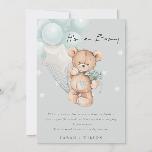 Grey Blue Bear Balloon Baby Announcement Card  (Front)