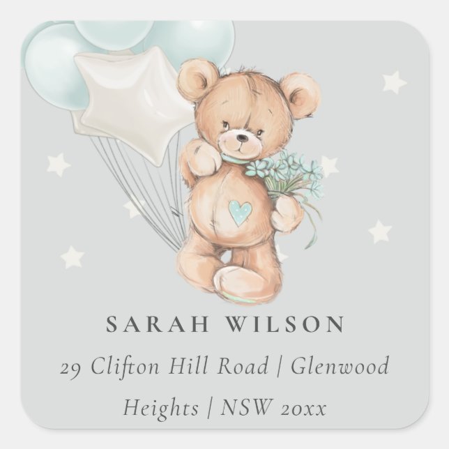 Grey Blue Bear Balloon Floral Bunch Heart Address Square Sticker (Front)
