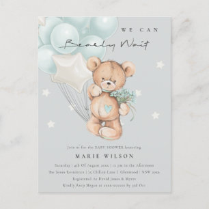 Grey Blue Bear Bearly Wait Balloon Baby Shower Postcard