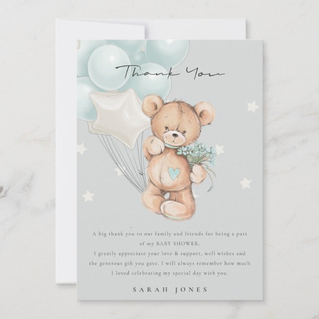Grey Blue Bear Bearly Wait Balloon Baby Shower Thank You Card (Front)