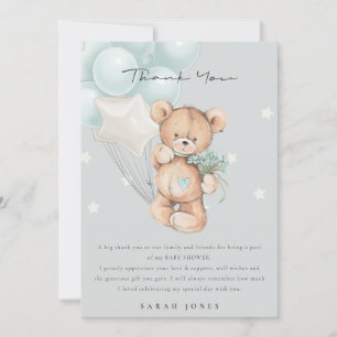 Grey Blue Bear Bearly Wait Balloon Baby Shower Thank You Card