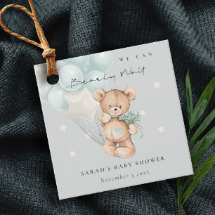 Grey Blue Bearly Wait Bear Balloon Baby Shower Favour Tags