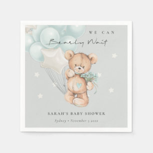Grey Blue Bearly Wait Bear Balloon Baby Shower Napkin