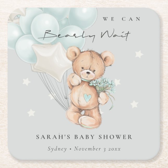 Grey Blue Bearly Wait Bear Balloon Baby Shower Square Paper Coaster (Front)