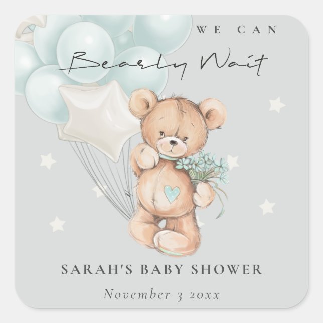 Grey Blue Bearly Wait Bear Balloon Baby Shower Square Sticker (Front)