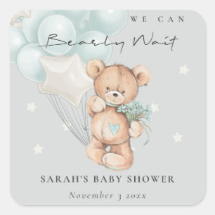 Grey Blue Bearly Wait Bear Balloon Baby Shower Square Sticker