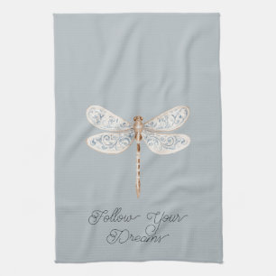 Grey Blue Bronze White Dragonfly Tea Towel