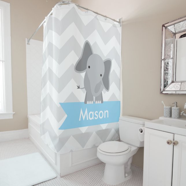 Grey Blue Chevron Elephant Kids Personalised Shower Curtain (In Situ)
