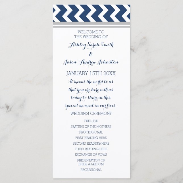 Grey Blue Chevron Wedding Program Programme (Front)