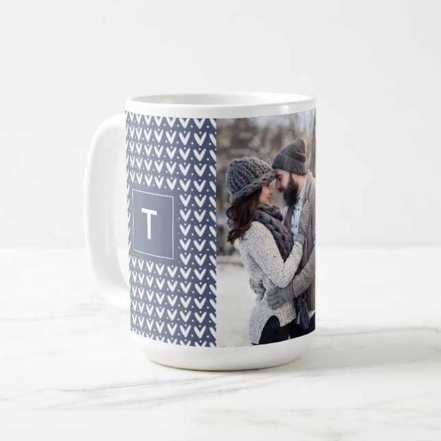 Grey Blue Christmas Knitted Sweater Monogram Photo Coffee Mug (Front Left)