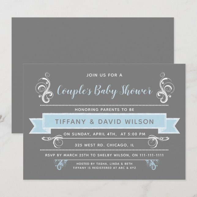 grey blue Couples Baby shower Invitation (Front/Back)