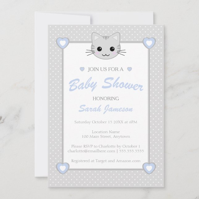 Grey Blue Cute Kawaii Cat Animal Baby Shower Dots Invitation (Front)