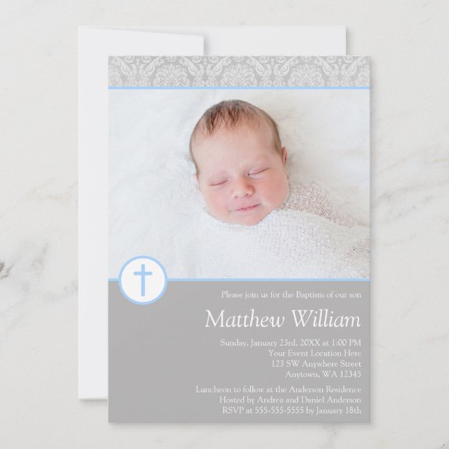 Grey Blue Damask Cross Boy Photo Baptism Invitation (Front)