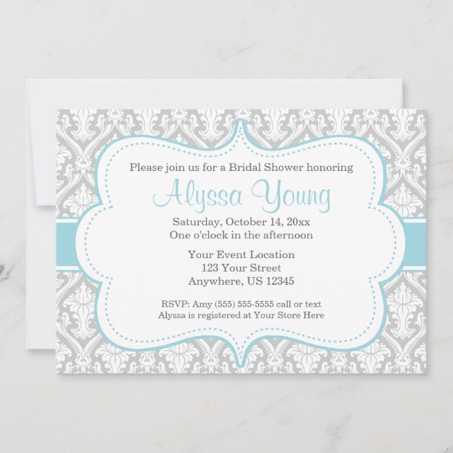 Grey Blue Damask Invitation (Front)