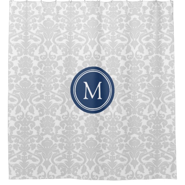 Grey Blue Damask Monogram Shower Curtain (Front)