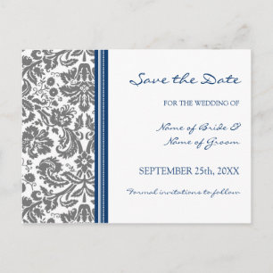 Grey Blue Damask Save the Date Wedding Postcard