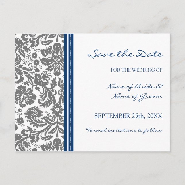 Grey Blue Damask Save the Date Wedding Postcard (Front)