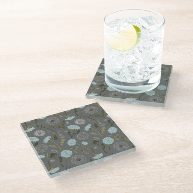 Grey Blue Dandelion Whimsical Flowers Pattern Glass Coaster (Angled)