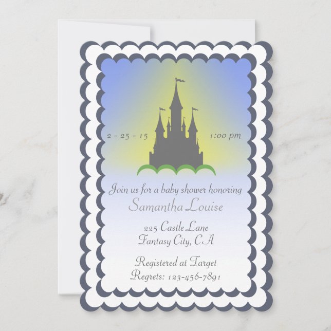 Grey Blue Dreamy Castle In The Clouds Baby Shower Invitation (Front)