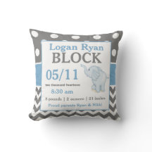 Grey Blue Elephant Baby Announcement Pillow