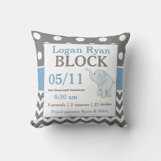 Grey Blue Elephant Baby Announcement Pillow (Front)