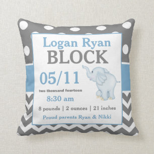 Grey Blue Elephant Baby Announcement Pillow