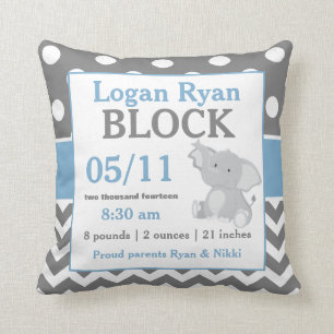Grey Blue Elephant Baby Announcement Pillow