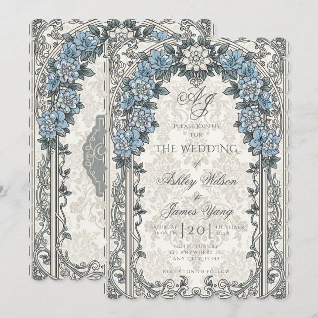Grey Blue Floral Botanical Wedding Invitation (Front/Back)