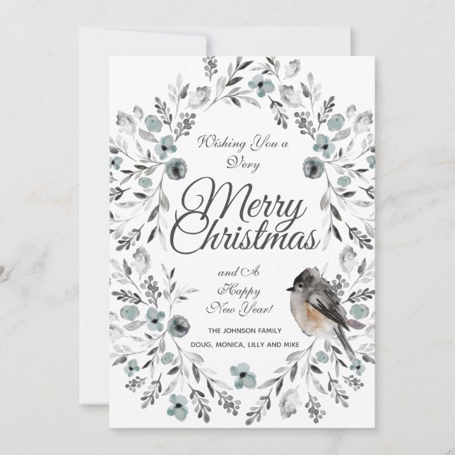 Grey Blue Floral Buffalo Check  Photo Christmas Holiday Card (Front)