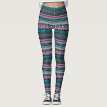 Grey Blue Floral Tribal Print Leggings