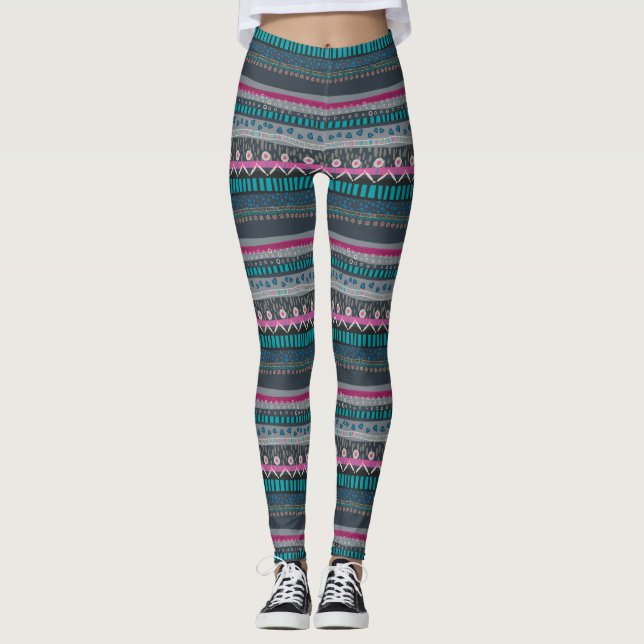 Grey Blue Floral Tribal Print Leggings (Front)