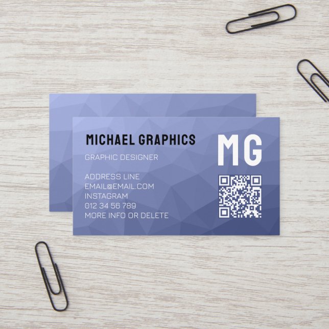 Grey blue geometric mesh pattern QR code Monogram Business Card (Front/Back In Situ)