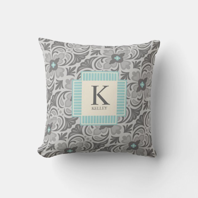 Grey Blue Geometric Monogram Cushion (Front)