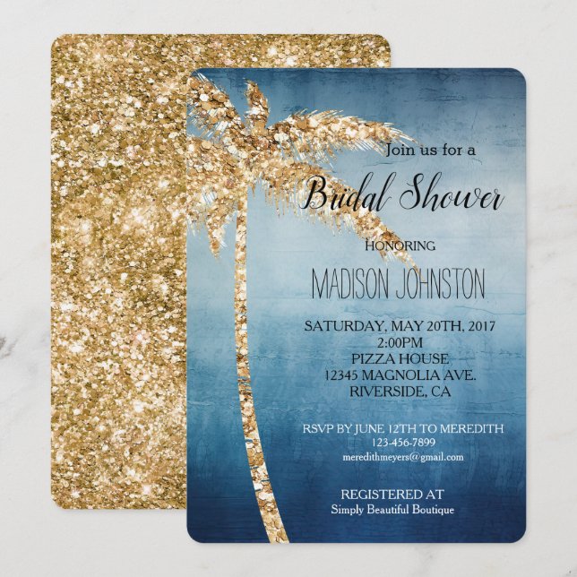 Grey Blue Gold Glitter Palm Tree Bridal Shower Invitation (Front/Back)