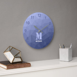 Grey blue gradient geometric mesh pattern Monogram Large Clock