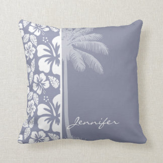 Grey-Blue Hawaiian Tropical Hibiscus; Palm Cushion