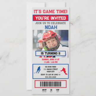 Grey&blue Hockey Ticket Birthday Party Invitation