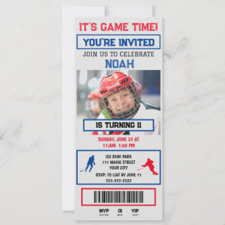 Grey&blue Hockey Ticket Birthday Party Invitation
