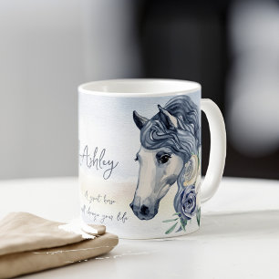Grey blue horse with flowers personalised name coffee mug
