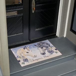 Grey blue horse with flowers personalised name doormat