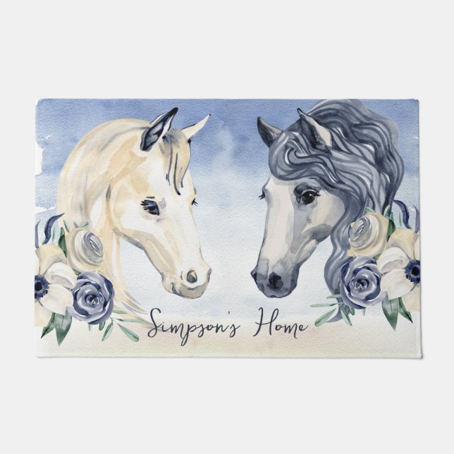 Grey blue horse with flowers personalised name doormat (Front)