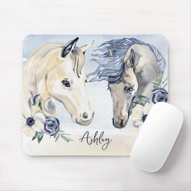 Grey blue horse with flowers personalised name mouse mat (With Mouse)