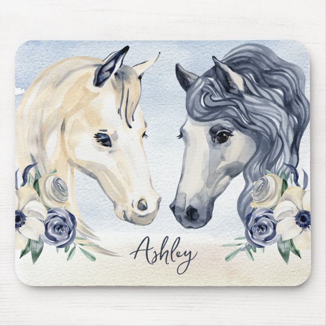 Grey blue horse with flowers personalised name mouse mat (Front)