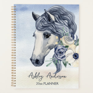 Grey blue horse with flowers personalised name planner