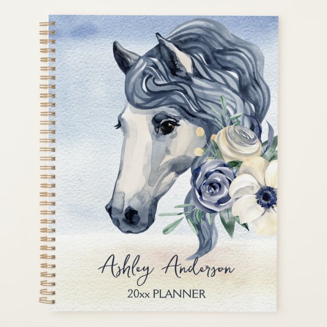 Grey blue horse with flowers personalised name planner (Front)